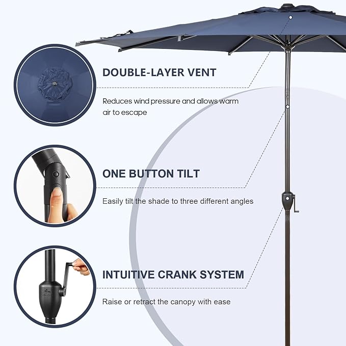 Abba Patio 9FT Lyon Outdoor Patio Umbrella Outdoor Table Umbrella with Push Button Tilt and Crank Market Umbrella 8 Sturdy Ribs UV Protection Waterproof for Garden Deck Backyard Pool, Navy Blue AbbaPatio