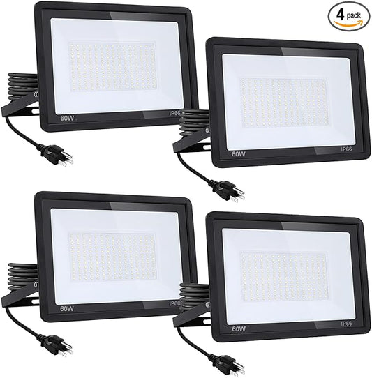 4Pack-60W LED Flood Light Outdoor,6600lm LED Work Light with 6FT US Plug,IP66 Waterproof Exterior Security Lights,6000K Daylight White Outside Floodlights Slim design for Playground Yard Stadium Lingwarm