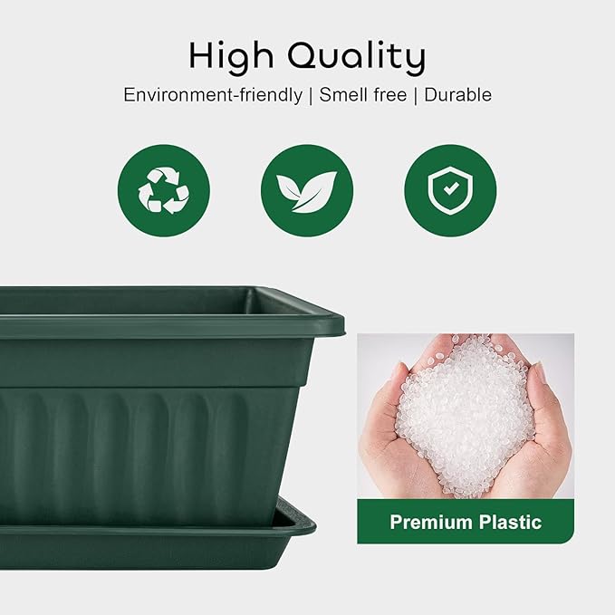 GROWNEER 6 Packs 17 Inches Green Flower Window Box Plastic Vegetable Planters Long Pots with 15 Pcs Plant Labels for Outdoor Indoor Windowsill Patio Garden Home Decor Porch GROWNEER