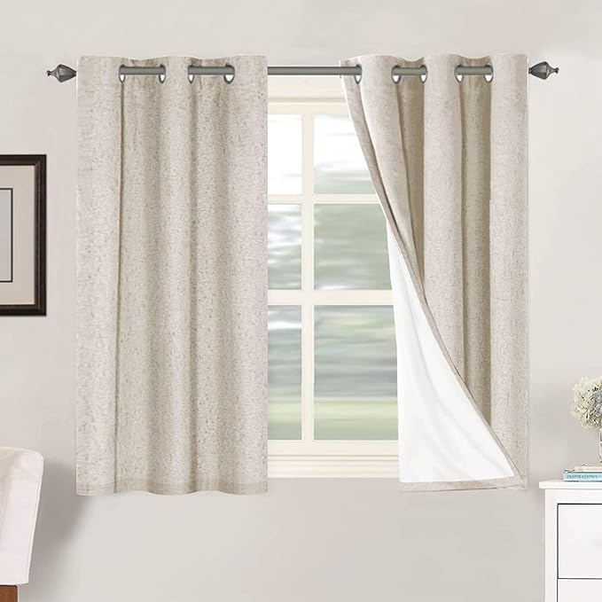 H.VERSAILTEX Primitive Linen Curtains 100% Blackout Curtain Drapes Burlap Curtains with White Thermal Insulated Liner, Grommet Top Drapes Living Room/Bedroom (2 Panels, 42 x 45 Inch, Natural) HVERSAILTEX