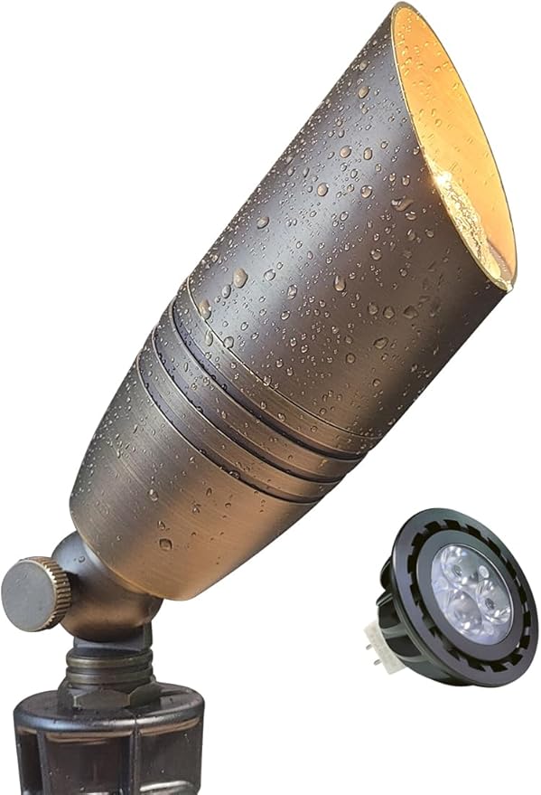 MALORY Brass Landscape Spotlights 1-Pack with MR16 Bulb(S02), 12V Low Voltage Landscape Lighting LED Outdoor Spot Uplights for House and Tree,PVC Ground Stake and Wire Connector Included, 5W 2700K MALORY