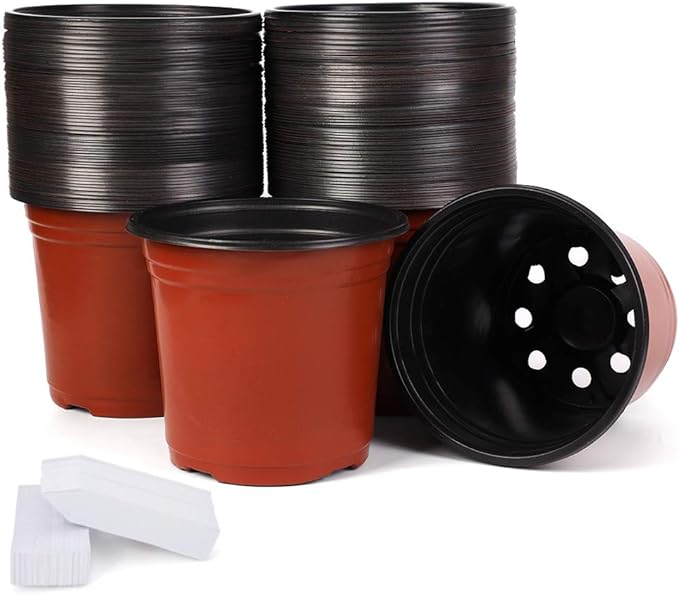 JERIA 100-Pack 6 Inch Plastic Nursery Pots Come with 100 Pcs Labels, Seedling Flower Plant Container and Seed Starting Pots JERIA
