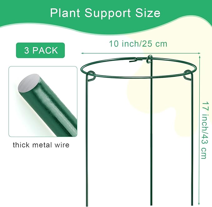 HiGift 3 Pack Peony Cages Support Stakes Ring for Garden, Round Plant Support for Outdoor (10" W x 17" H), Indoor Plant Cages Hoops Plant Rings for Tomatoes,Rose,Astilbes,Vine Indoor Potted Plants HiGift