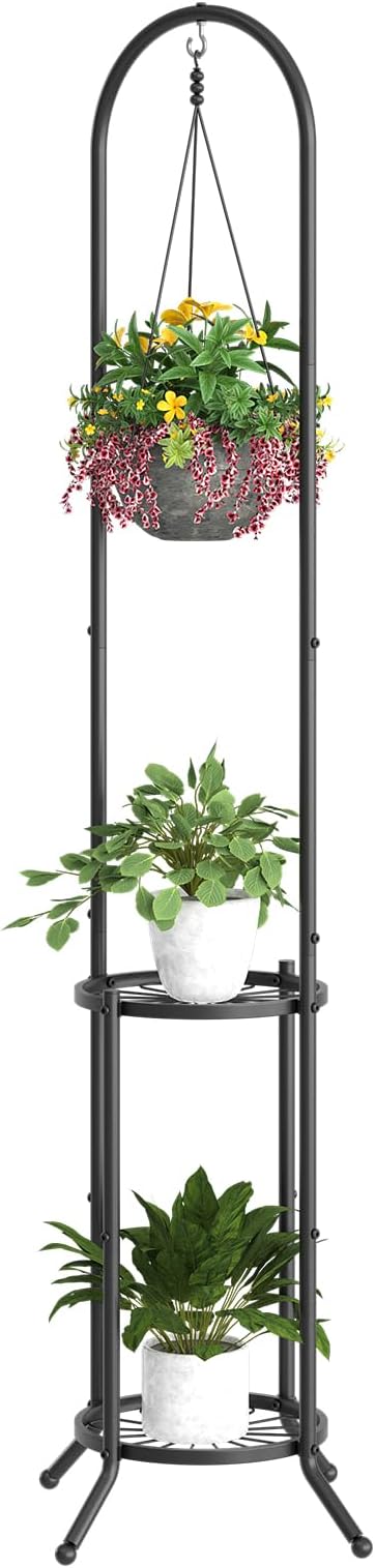 BMOSU Plant Stand with Hooks Indoor Outdoor Corner Tall Plant Stand Heavy-Duty Metal 3-Tier Plant Shelf Holder Rack for Patio Garden Balcony Living Room Bedroom(circular Black) BMOSU