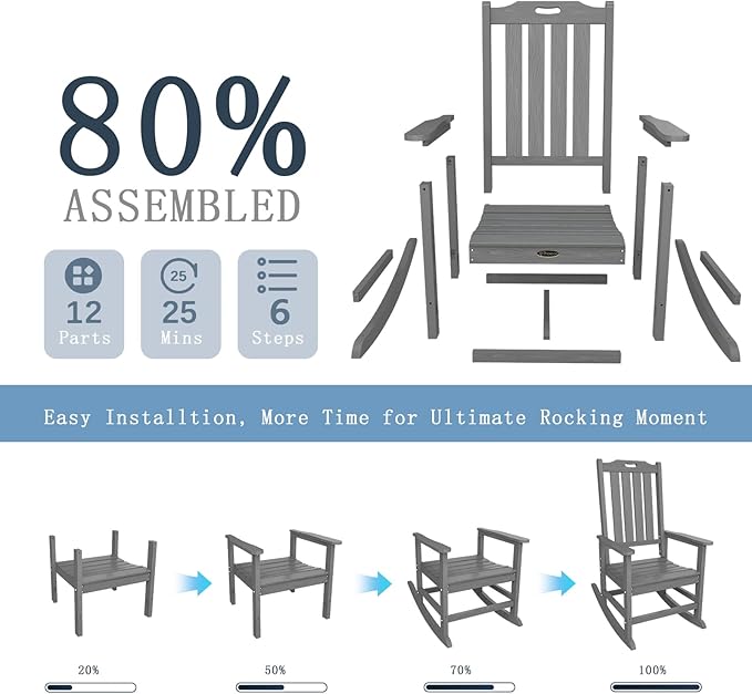 Oversized Rocking Chair Set of 4, Outdoor Rocking Chair for Adults, All Weather Resistant Porch Rocker for Lawn Garden, Grey THOEOE