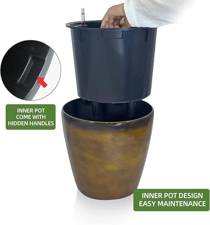 Dexceder 13x12 Self Watering Planter with Wheels Indoor Outdoor, Inner Pot Design, Thickened Large Floor Standing Flower Plant Pot with Water Level Indicator (Yellow Brown Gradient) Dexceder