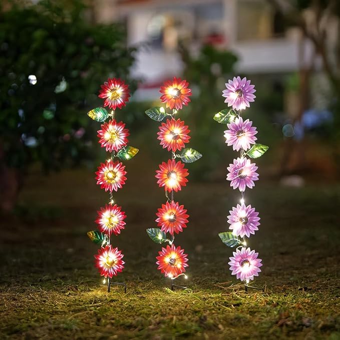 Set of 3 Solar Garden Lights,22.6'' H Flowers Decorative Garden Stakes,Waterproof Metal Spring Yard Art Decor,Solar Stake Lights for Outside,Lawn,Yard,Patio SATHGA