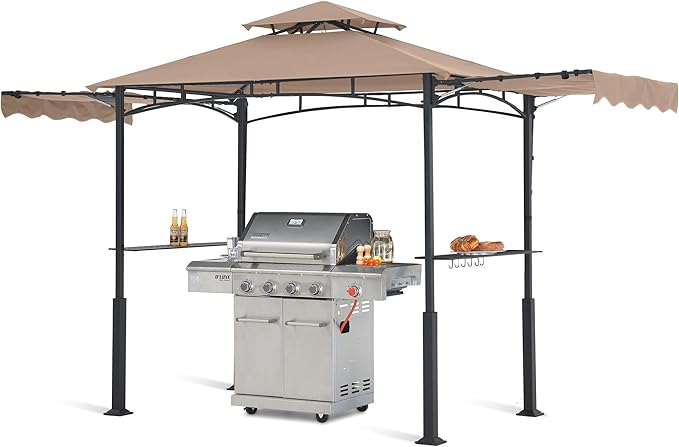ABCCANOPY Grill Gazebo with 2 Side Awnings - 14x5 Outdoor BBQ Canopy Shelter with 2 Led Lights for Patio Backyard Grilling (Khaki) ABCCANOPY