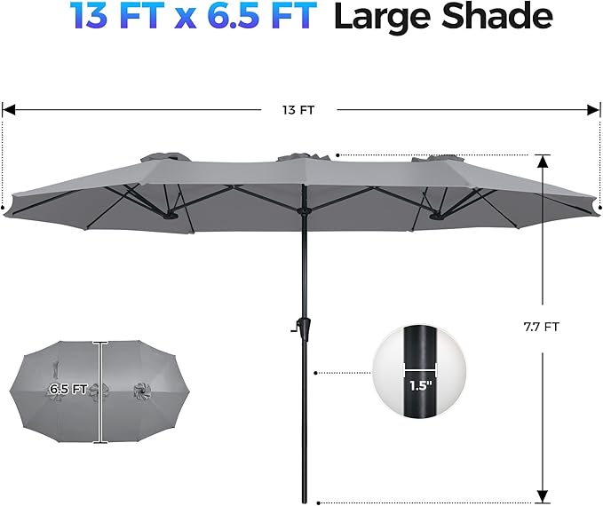 SUPERJARE 13FT Outdoor Umbrella for Patio, Double sided Pool Umbrellas with Fade Resistant Canopy, Large Table Umbrella for Deck, Market, Backyard - Gray SUPERJARE