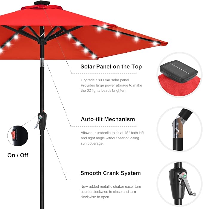 ABCCANOPY Durable Solar Led Patio Umbrellas with 24LED Lights 7.5FT (Red) ABCCANOPY