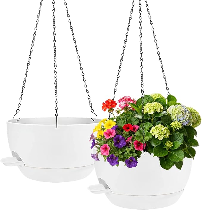 2 Pack Hanging Planters for Indoor Outdoor Plants, 12Inch Self Watering Hanging Pot with Drainage Holes and Saucer, Plastic Plant Pots, White Flower Pots for Kitchen, Balcony, Garden Rootora
