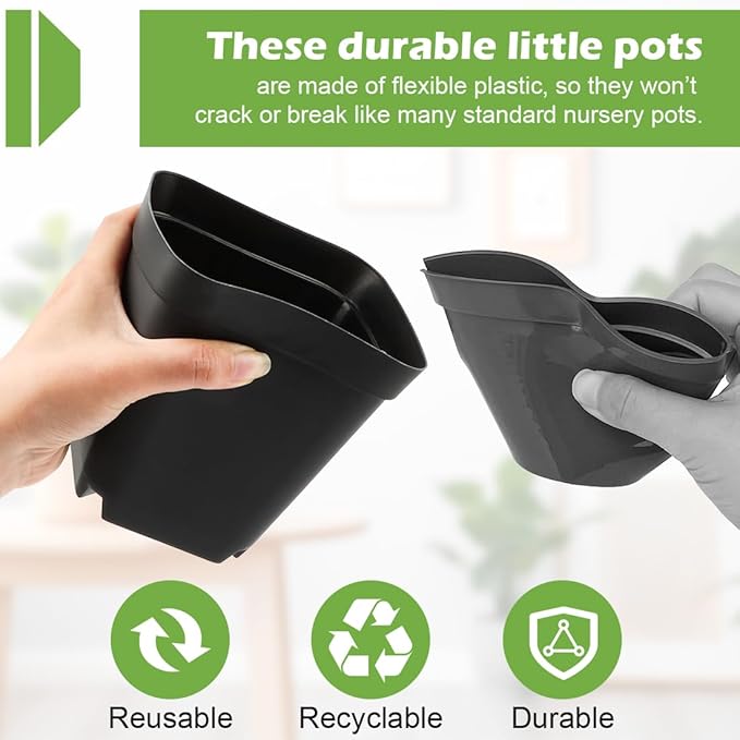 Square Nursery pots 4 Inches 60Pcs, Seedling Plastic Seeds propogation Growing Pots (Black,4Inches,60Pcs) RooTrimmer