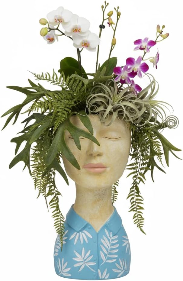 DiliComing Face Planter Pot Head Planter - Resin Blue Boy Head Planters for Indoor Outdoor Plants Decorative Flower Pot for Garden Home Office Bust Sculpture Plant Stand 5x6x10.5 Inch DiliComing