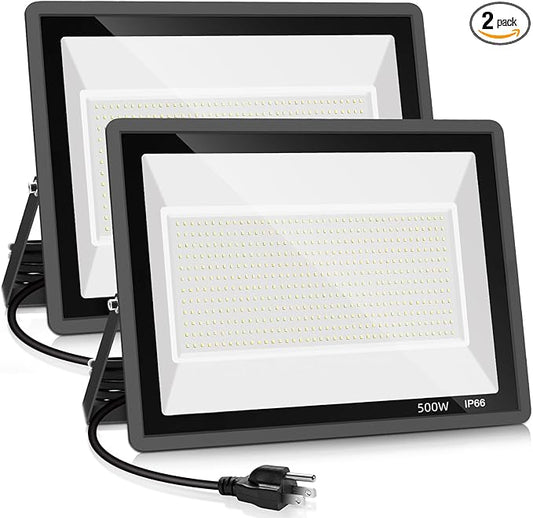 2 Pack 500W LED Flood Light Outdoor,2750W Equivalent Super Bright FloodLight with Plug,58600LM 5000K Daylight White IP66 Waterproof Commercial Lighting for Sports Fields,Counts,Arena,Stadium YANYCN