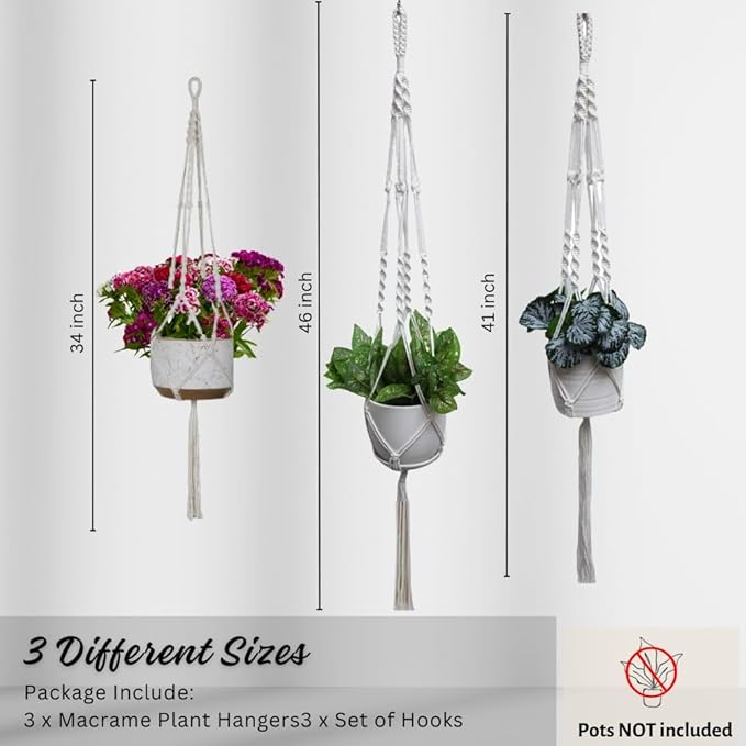 3 Pack Macrame Plant Hanger Indoor Hanging Planter for Plants Holder, Hanging Pot Holder Macrame Decorative Flower Pot Holder with 3 Hooks for Indoor Outdoor Boho Home Décor, Ivory (POTS NOT INCLUDED) Feedee