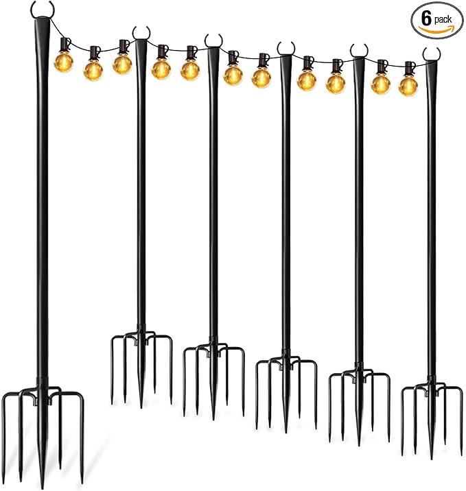 6 Pack String Light Poles for Outside, Thickened Metal Lights Hanger Pole Outdoor with Fork, Lighting Hanging Post Accessories for Patio Decor Garden Backyard Yard Front Porch Outside Decorations Fussion