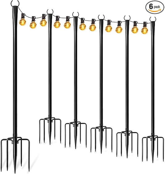 6 Pack String Light Poles for Outside, Thickened Metal Lights Hanger Pole Outdoor with Fork, Lighting Hanging Post Accessories for Patio Decor Garden Backyard Yard Front Porch Outside Decorations Fussion