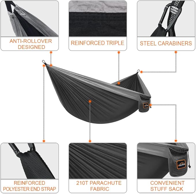 Camping Hammock, Super Lightweight Portable Parachute Hammock with Two Tree Straps Single or Double Nylon Travel Tree Hammocks for Camping Backpacking Hiking AnorTrek