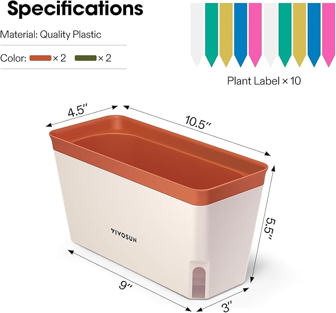 VIVOSUN Self-Watering Planters, 8-Pack 10.5 Inch Compact Rectangular Window Herb Planter Box with 10 PCS Plant Labels, Plant Container for Basil, Flowers, Succulents, Indoor & Outdoor VIVOSUN