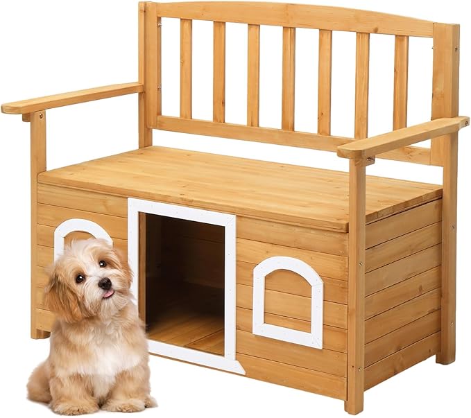 VINGLI Outdoor Storage Bench with Built-in Dog House, 2-in-1 Outdoor Waterproof Patio Bench with Pet Kennel for Patio Backyard Porch (Natural) VINGLI