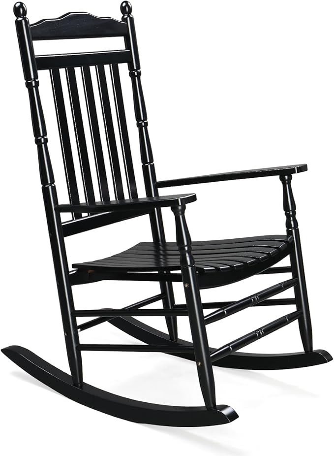 VINGLI Wooden Rocking Chair, Outdoor Chair with 450 lbs Support, Relaxing Rocker with Solid Wood High Back Seat Reclining Seat for Deck, Garden, Backyard, Porch, Indoor or Outdoor Use (Black, 1PC) VINGLI