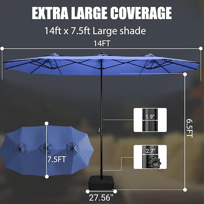 LEVELEVE 14FT Large Patio Patio Umbrella with Base & Solar LED Lights - Double-Sided,Blue Enjoyyourlife