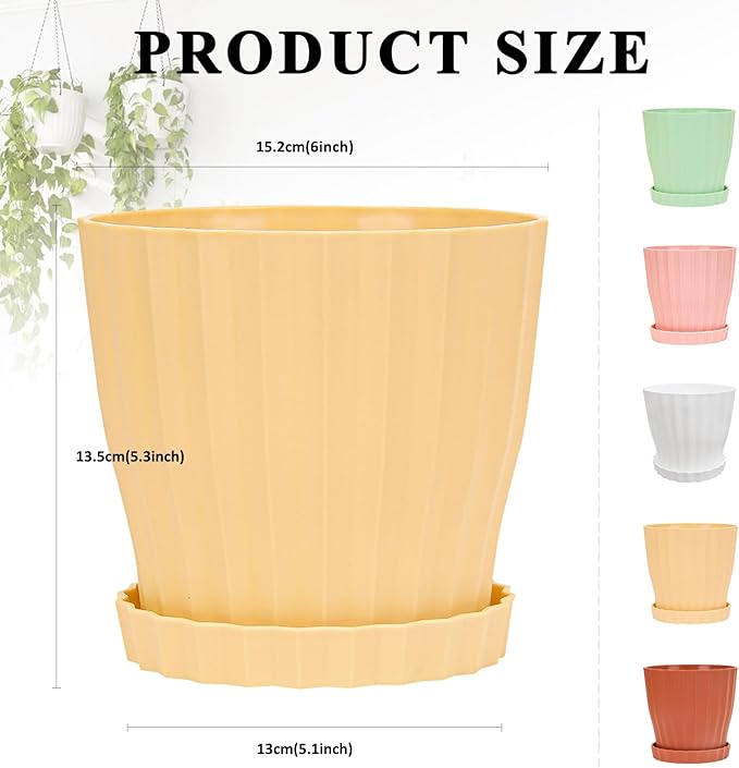 6 inch Flower Pots for Plants with Drainage Holes and Saucer, 5 Pack Plastic Plant Pots Indoor Planters for Outdoor Plants Small Garden House Home Decor, Nursery Pots for Succulent Colorful KAHEAUM