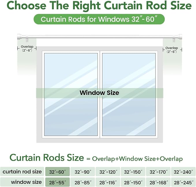 Curtain Rods for Windows 28 to 48, 1 Inch Adjustable White Heavy Duty Curtain Rod, Modern Style Indoor Outdoor Drapery Rods with End Caps, Size 32" - 60" TimeForest