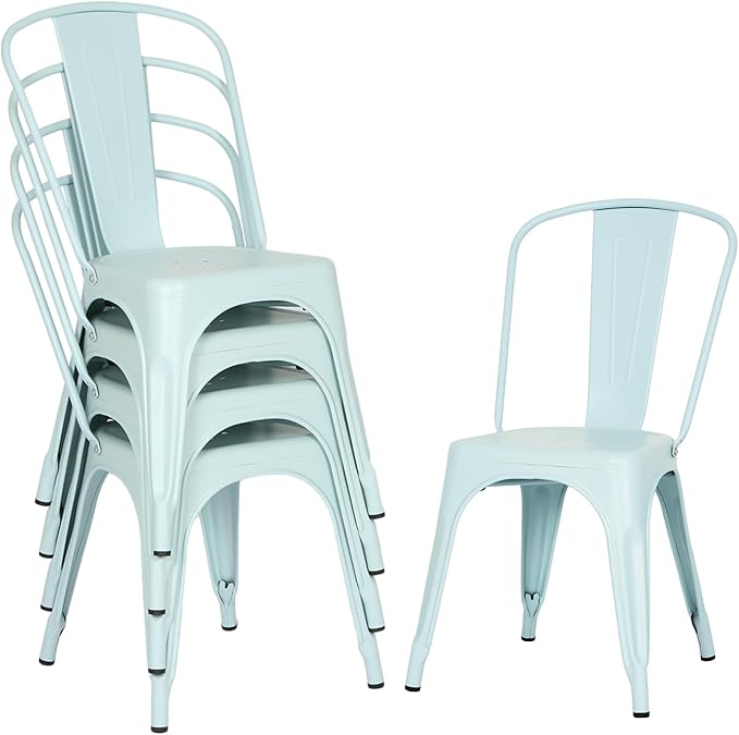 FDW | Set of 4 Metal Dining Chairs | Blue | Stackable Tolix Side Chairs with Backrest | Scratch-Resistant | Non-Slip Feet | Indoor/Outdoor Use | 330 lbs Capacity | Ideal for Kitchen & Restaurant FDW