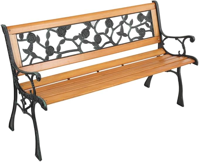 VINGLI Outdoor Bench Metal Garden Bench, Wood Patio Benches w/PVC Backrest Cast Iron Love Seat Park Benches for Porch Yard (Rose) VINGLI