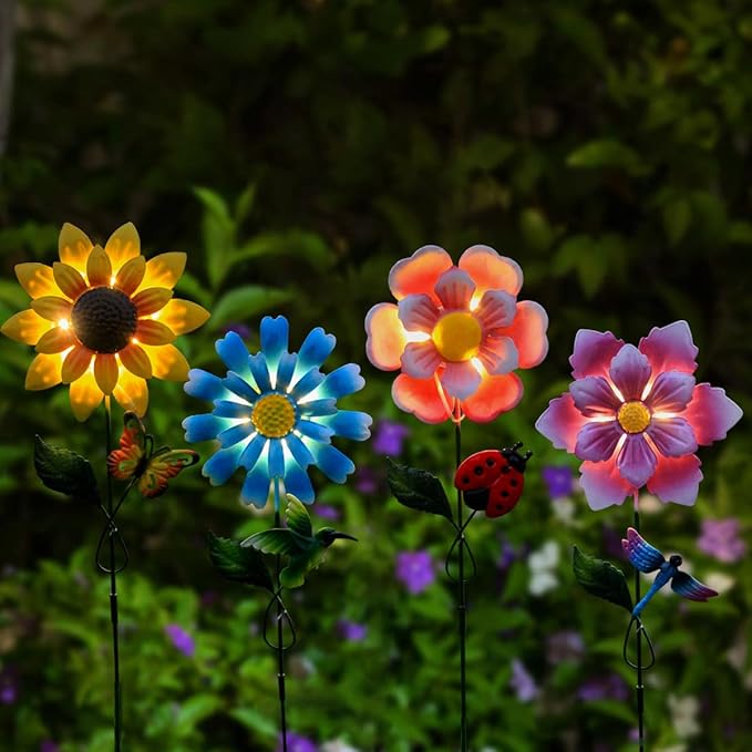 4 Pack Outdoor Solar Lights,Outdoor Waterproof Metal Art Stick Flowers,Garden Decor for Women Mom Grandma Halloween Hanging Metal Stakes Lights for Garden,Lawn,Patio EigreenSolaroutdoorlights