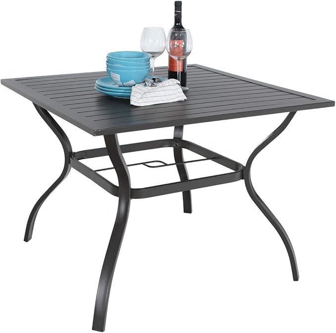 PHI VILLA 37" Patio Table for 4, Metal Outdoor Dining Table with E-Coating, Square Steel Slated Outdoor Table with 1.57" Umbrella Hole for Garden Backyard, Black PHIVILLAThepioneerofcomfortablehouseholdsupplies
