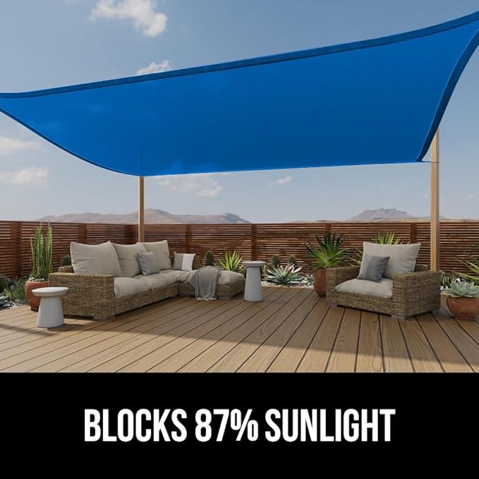 GORILLA GRIP Heavy Duty Sun Shade, UV Protection Fade Tear and Rust Resistant Rectangle Sunshade Canopy, Curved Edges Blocks Sunlight, Breathable Sail, Outdoor Patio, Lawn Garden 12x12 FT Blue GorillaGrip