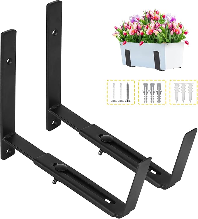 LukLoy Window Planter Box Brackets, 2 Pack Adjustable Heavy Duty Wall Mount Window Flower Boxes Outdoor with Bracket (6 to 12 in), with 70lbs Capacity, Black LukLoy