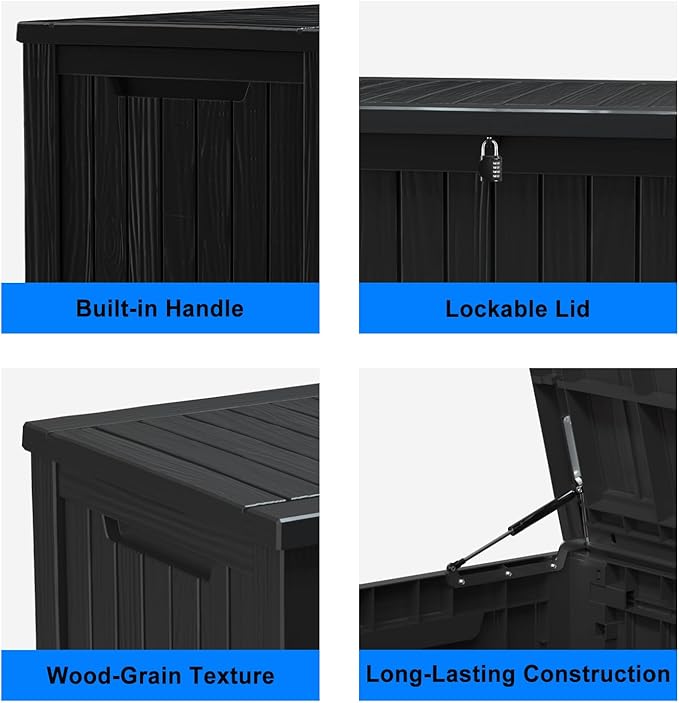 180 Gallon Resin Outdoor Deck Box Waterproof Patio Furniture, Garden Tools, Cushions, Pool Accessories Outside Storage (Black, 180 Gallon) MAIUSCOLI