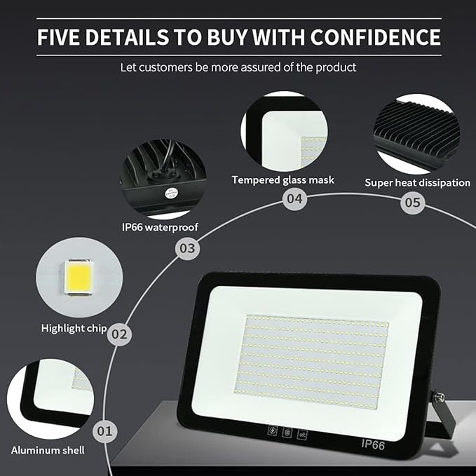 4Pack LED Flood Light Outdoor,250W LED Work Light 25500lm with 6FT US Plug,IP66 Waterproof Exterior Security Lights,6000K Daylight White Outside Floodlights Slim Design for Playground Yard garageangle