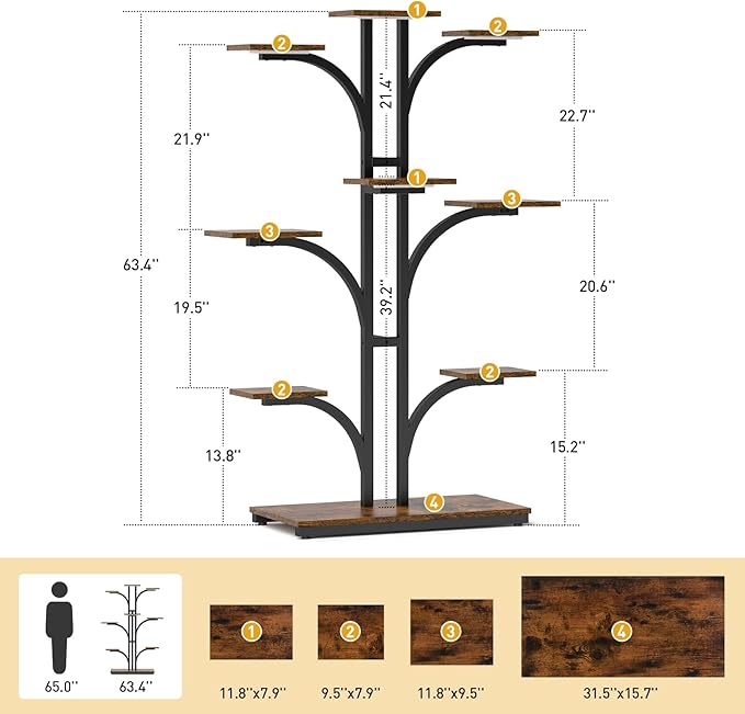 ikkle Plant Stand Indoor with Grow Lights, 64" Tall Plant Shelf, 9 Tiered Corner Plant Shelves for Indoor Plants Multiple, Large Flower Display Holder, Tree-Shaped Plant Rack for Home, Living Room, Patio Decor iKKLEHome