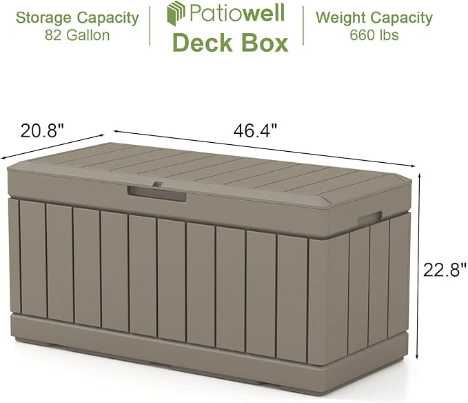 Patiowell 82 Gallon Resin Deck Box, Waterproof Large Wood Look Storage Box for Patio Furniture, Pool Accessories, Garden Tools and Sports Equipment, Lockable, Light Brown Patiowell