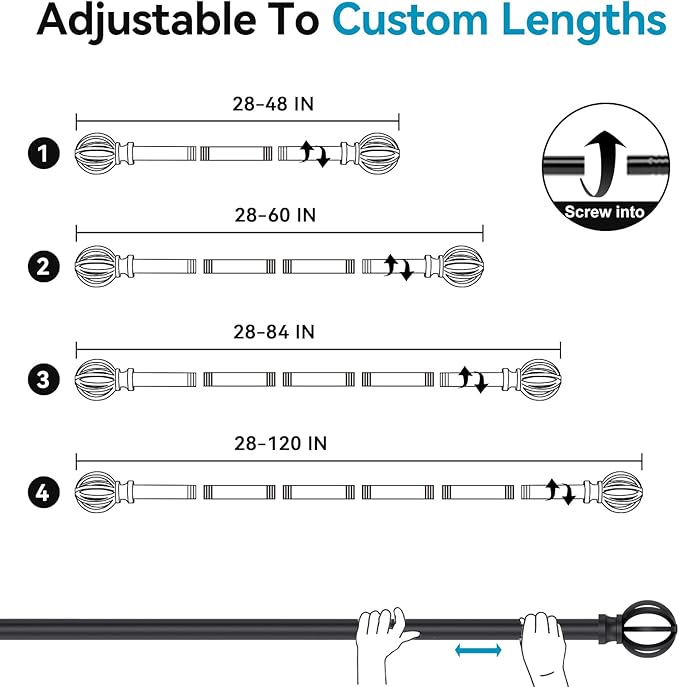 Black Curtain Rods for Windows 28 to 48 Inch, 2 Pack 5/8" Diameter Heavy Duty Metal Adjustable Small Drapery Rod With Bracket Poskena