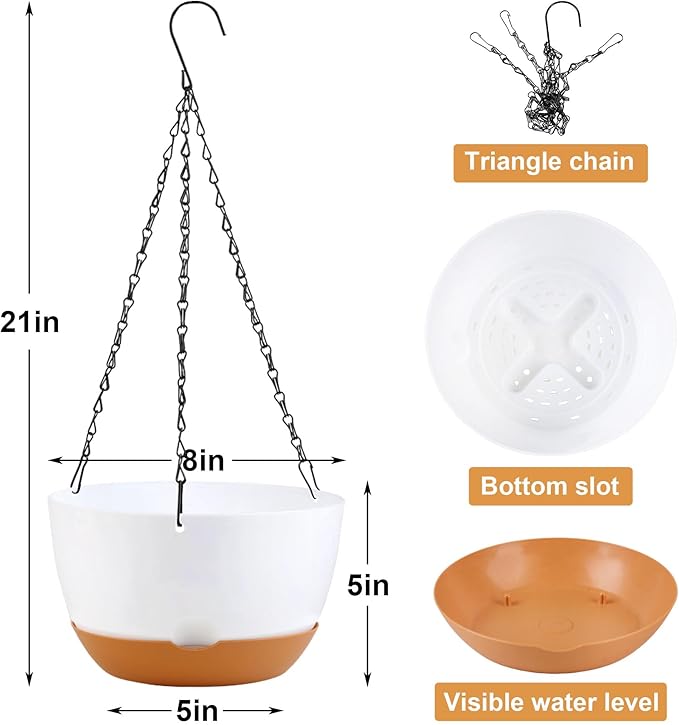 4 Pack Plastic Hanging planters for Indoor Plants,8 Inch Plant Pot Indoor Outdoor Hanging Baskets,Hanging Flower Pots with Drainage Holes and Chain for Garden Porch Plants(White) KPUVX