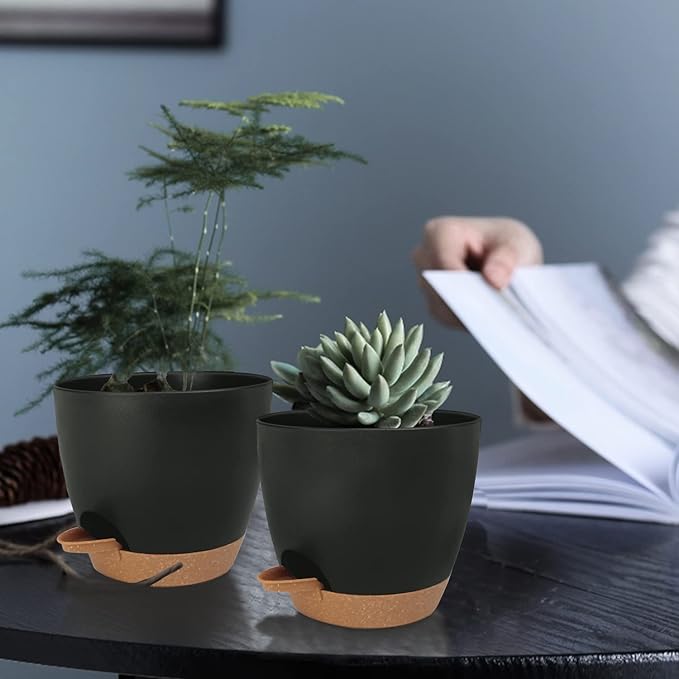 Self Watering Planters with Drainage Holes Reservoir,Nursery Planting Pot for Indoor Decor Garden Plants Succulents,Snake Plant, African Violet,Plastic Flower Pots Set 7+6.5+6+5.5+5 Inch (Black) STSTECH