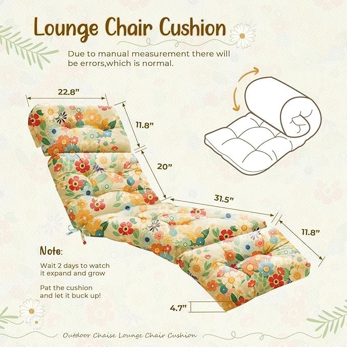 4 Pack Outdoor Chaise Lounge Chair Cushion 75.1 x 22.8 x 4.7 Inches 100% Waterproof Replacement Cotton Patio Pool Lounge Chair Cushion for Outdoor Furniture with Ties,Daisy Uthem