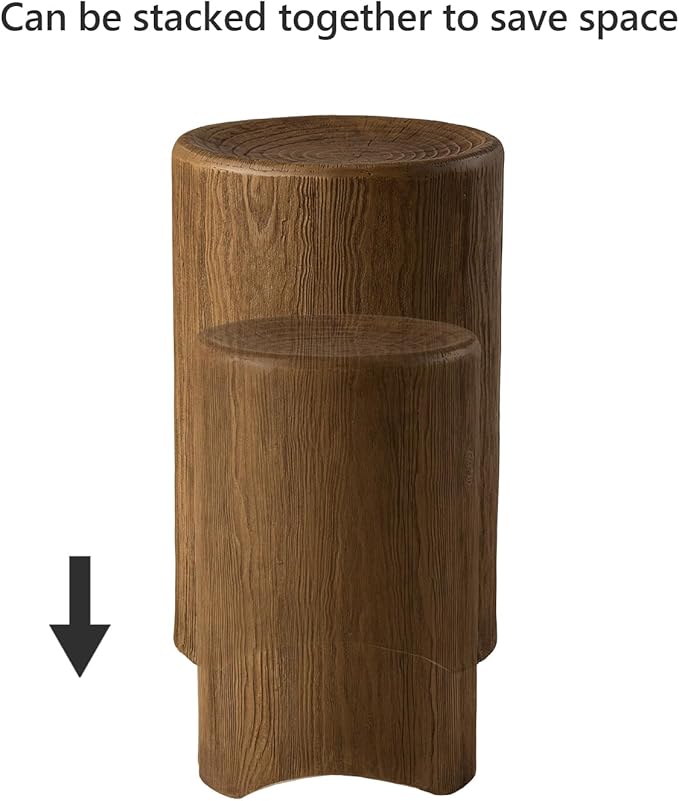COSIEST Concrete Side Table, Set of 2 Round Outdoor Side Tables, Decorative Garden Stools for Indoor Outdoor, Accent Table Patio Side Table Nesting End Table w Light Oak Colored Faux Wood COSIEST