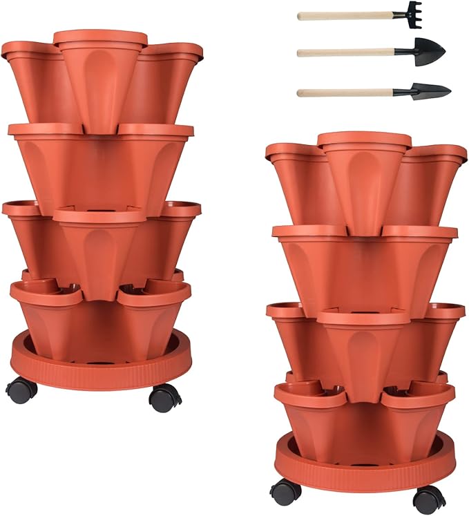 GameXcel Vertical Planter 4 Tier Stackable Planters Garden Planters Strawberry Herb Flower and Vegetable Planter Indoor Outdoor Gardening Pots with Removable Wheels and Tools 2-Pack GameXcel