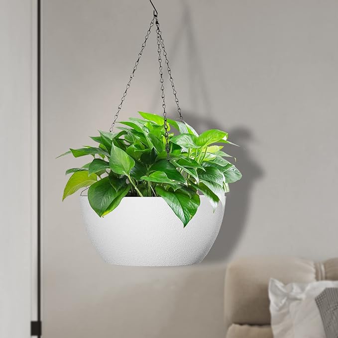 13 inch Large Hanging Planters Plant Pots for Outdoor Indoor Plants with Drainage Holes and Chain, 2 Pack Round Hanging Flower Pots for Garden Home Porch Decor, White WSMKSZ