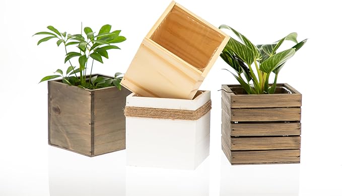 Wood Planter Box, 5 Inch Square, Rose Wood, Plastic Liner, Garden Centerpiece Display, Wedding Flowers Holder, Home and Venue Decor (5x5 Set of 4, Rose Wood) Rootora