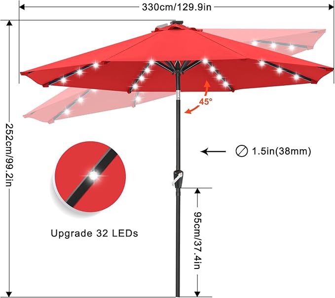 ABCCANOPY Durable Solar Led Patio Umbrellas with 32LED Lights 11FT（Red） ABCCANOPY