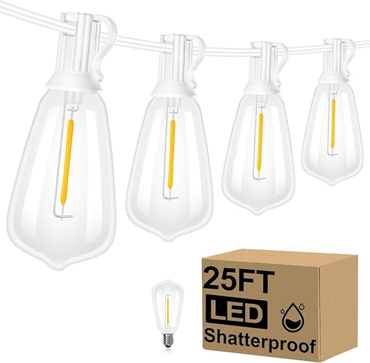 Brightever Outdoor String Light 25 FT, ST38 Patio Lights with 13 Edison Bulbs, Waterproof Connectable Hanging Lights for Backyard Porch Balcony Party Christmas Decor, E12 Socket Base, White Brightever