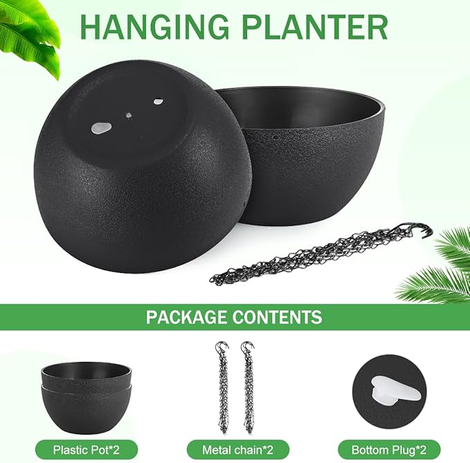10 inch Hanging Planters for Indoor Plants, 2 Pack Planters for Outdoor Plants with Drainage Holes and Chain, Round Plastic Hanging Baskets, Hanging Flower Pots for Balcony Garden Decor-Black HIGSEEU