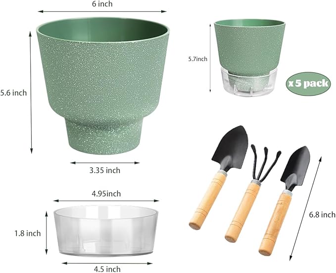 2024 Upgraded 5 Pack 6-Inch Self-Watering Planter Pots with Deep Reservoir for Indoor and Outdoor Plants with Planting Tools (Frosted White) HYNZ